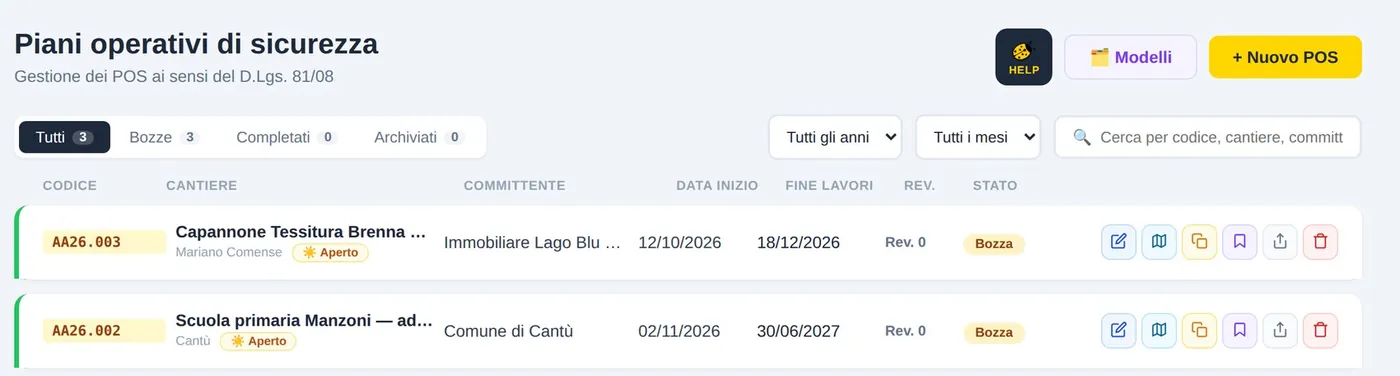 L’elenco dei POS con stato, revisioni e azioni rapide