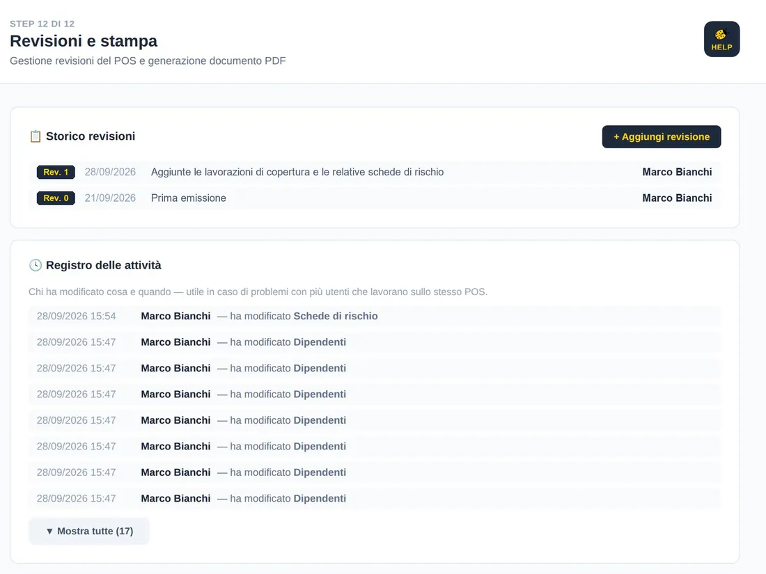 Passo 12 del POS: storico delle revisioni, registro delle attività e stampa