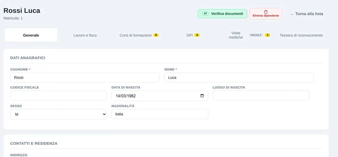 La scheda del dipendente: corsi, visite, DPI e incarichi
