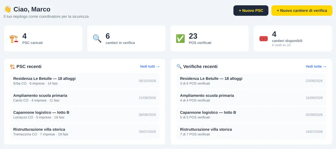 Area del coordinatore: PSC caricati e POS in verifica