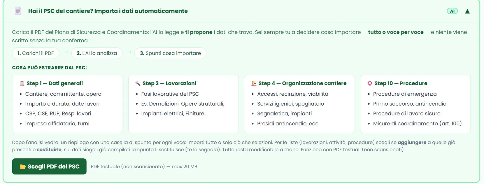 Import automatico dal PSC con AI: carichi il PDF del Piano di Sicurezza e Coordinamento e POS.so propone i dati da importare nel POS